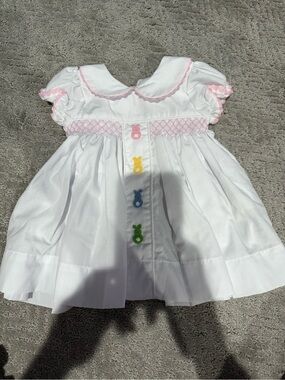 Nola Smocked White Baby Dress with Pink Trim